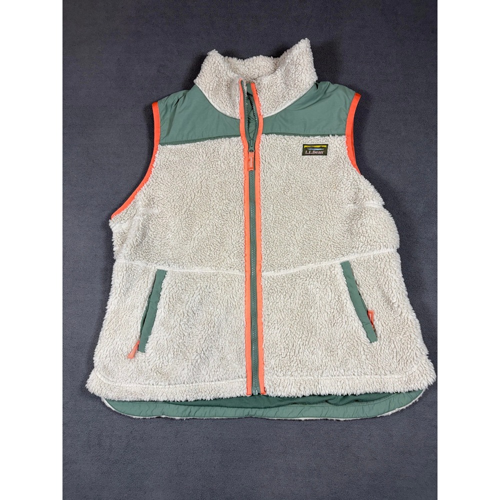 LL Bean Sherpa Fleece Vest Womens XL Petite Cream Green Full Zip 519826
